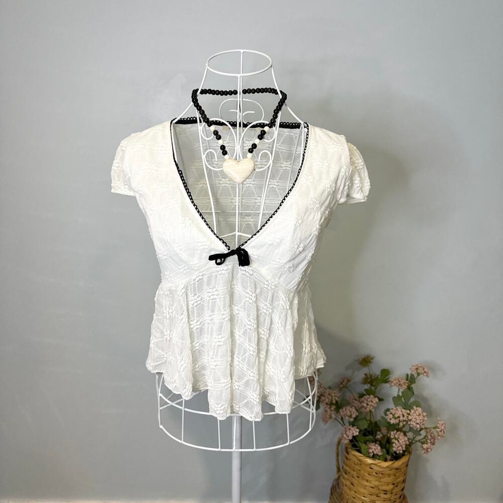 Vintage y2k style white & black mesh lace babydoll ribbon blouse top